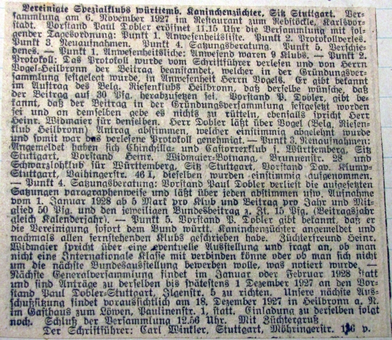 Zeitungsartikel (Tierbörse) Versammlung Nov. 1927